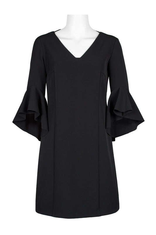 Elegant black women's dress with a V-neck and flounce sleeves, designed by Crimson Bamboo.