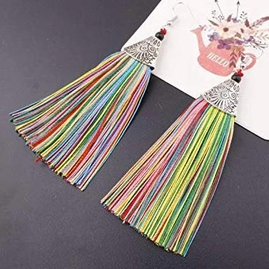 Long Tassel Earrings - African thread drop Earrings, tropical casual A