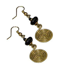 Load image into Gallery viewer, Spiral and coil  brass drop women  Earrings with a hoop and black bead