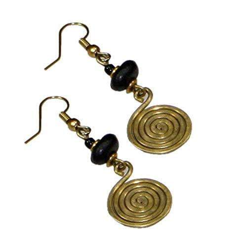 Spiral and coil  brass drop women  Earrings with a hoop and black bead