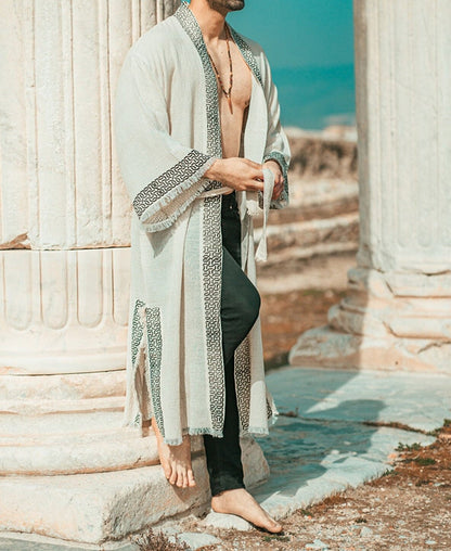 Elegant Linen Kimono with Intricate Embroidered Patterns