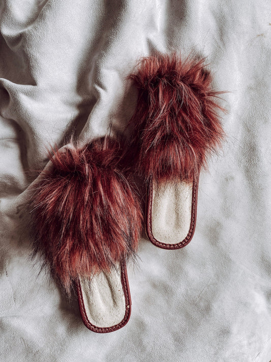 Plush Faux Fur Burgundy Slippers