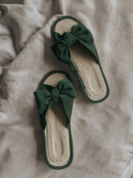 Elegant Green Ribbon Slippers
Cozy velvet bow-accented slides, perfect for lounging in style.