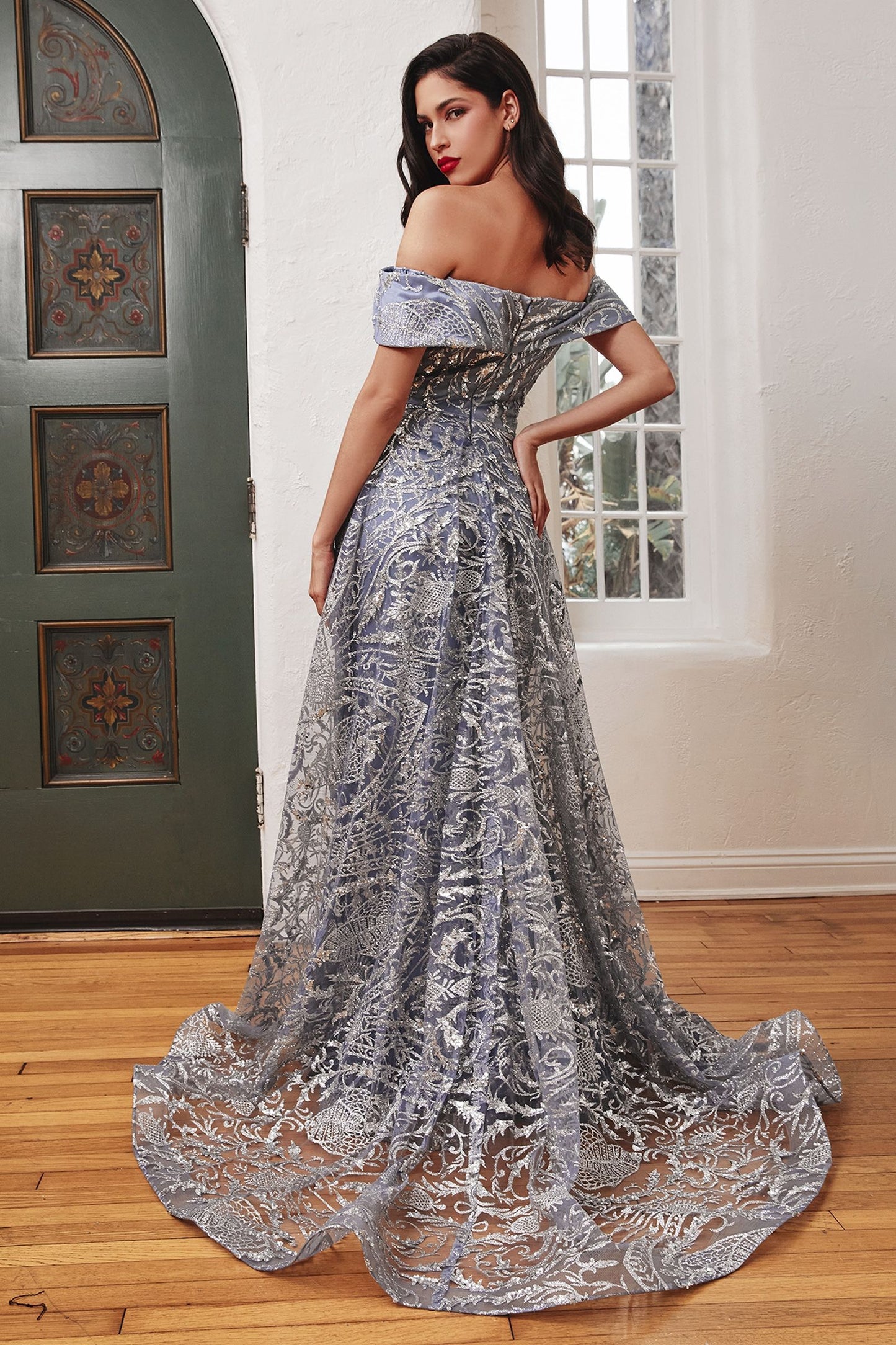 Off The Shoulder Short Sleeves Bodice Lace Vintage Guipure Over Skirt Long Gala Dress CDJ836