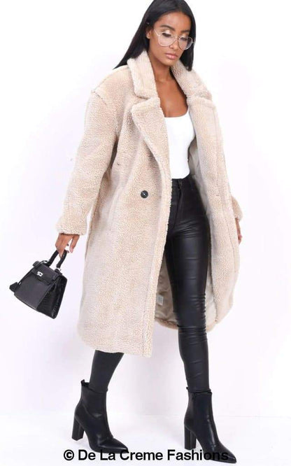 Jackie Double Breasted Borg Teddy Midi Coat