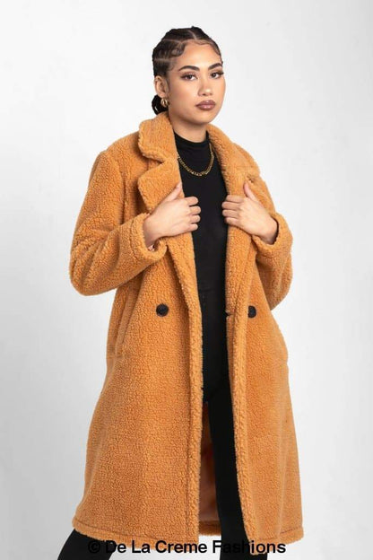 Jackie Double Breasted Borg Teddy Midi Coat