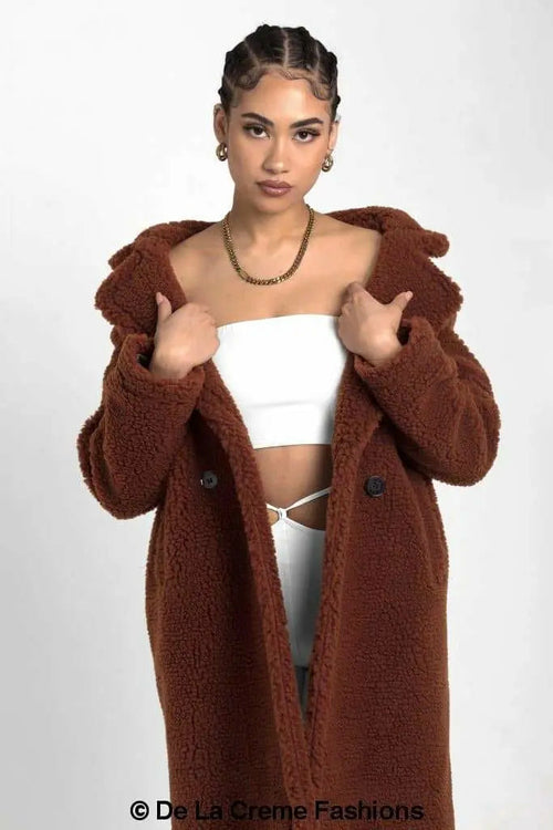 Jackie Double Breasted Borg Teddy Midi Coat