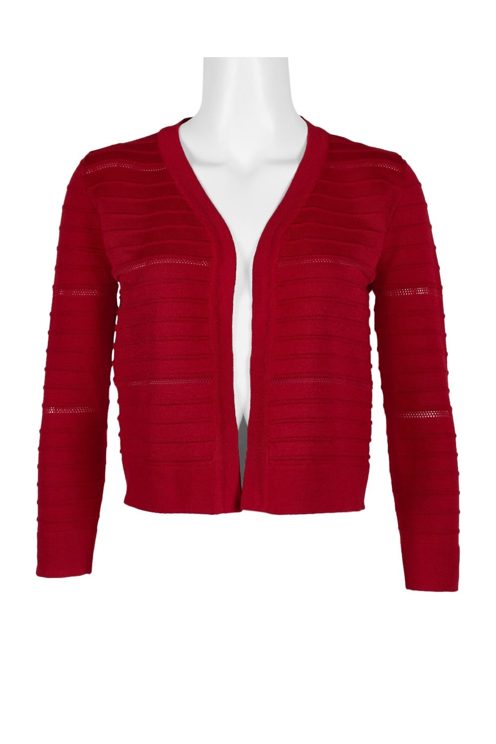 Chic ribbed knit jacket in deep crimson red. The Nina Leonard Banded Long Sleeve Ribbed Knit Jacket features a stylish V-neckline and a close-fitting silhouette for a flattering look. Crafted by the renowned Crimson Bamboo brand, this versatile jacket is perfect for completing casual or dressy outfits.