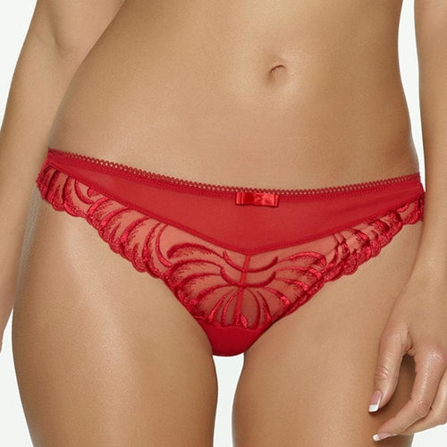 Sheer red lace thong with delicate floral pattern and subtle bow detail, showcasing a stylish lingerie piece.