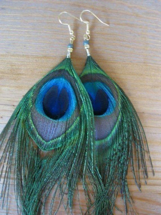 African peacock feather earrings