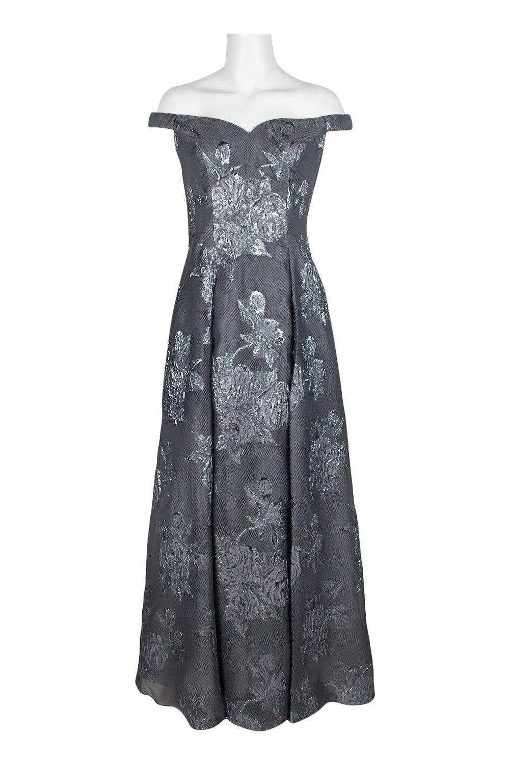 Beautiful off-shoulder gray metallic floral maxi dress with box pleats and zipper back closure.