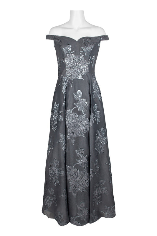 Beautiful off-shoulder gray metallic floral maxi dress with box pleats and zipper back closure.