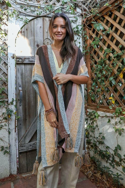 Multi-color Striped Tassel Poncho