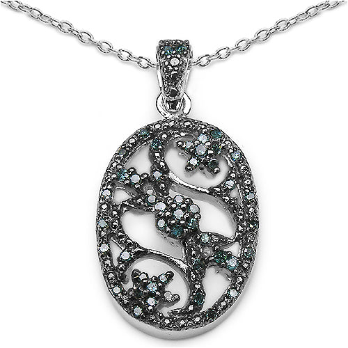 Elegant silver-toned pendant necklace featuring an intricate oval-shaped design accentuated with sparkling green and clear crystals. The pendant displays a nature-inspired floral motif with delicate vines and leaves, creating a visually striking and sophisticated accessory.