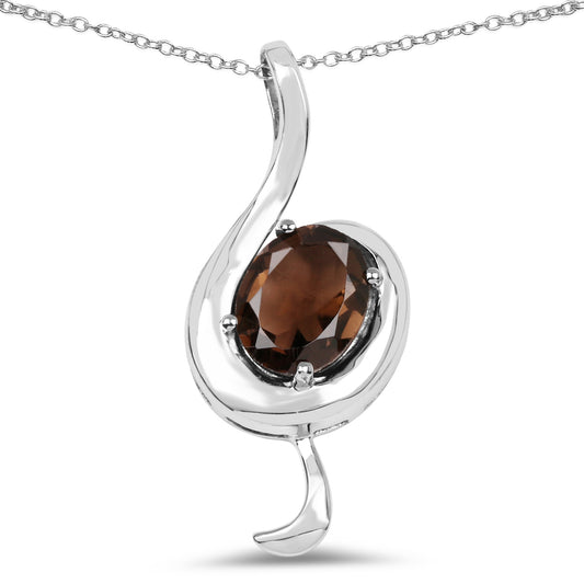 Elegant sterling silver pendant featuring a large 2.30 carat genuine smoky quartz gemstone in a modern swirling design.