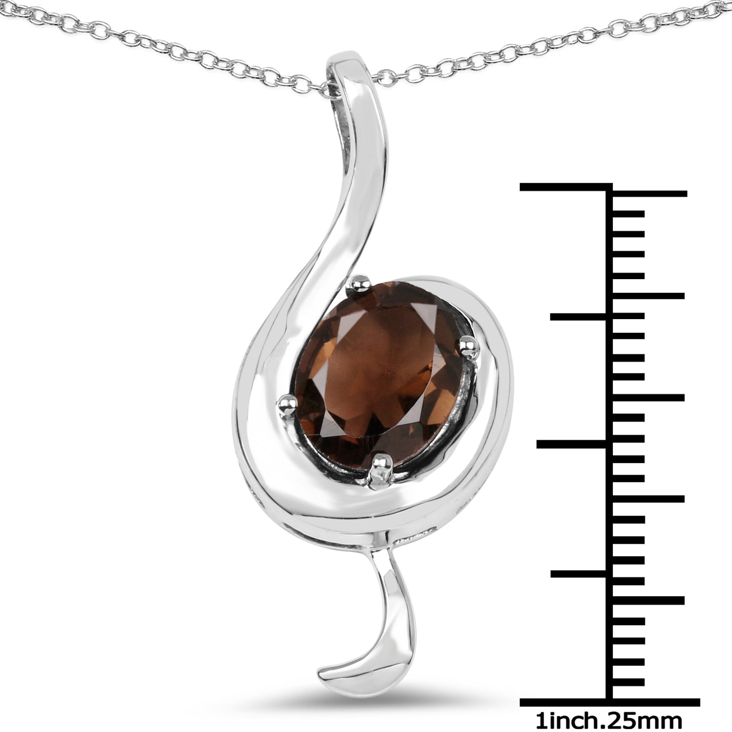 Elegant 2.30 Carat Smoky Quartz Sterling Silver Pendant
This image shows a stylish sterling silver pendant with a large oval-shaped smoky quartz gemstone set in a swirling, modern design. The pendant is suspended from a delicate silver chain, creating a sophisticated and eye-catching piece of jewelry.