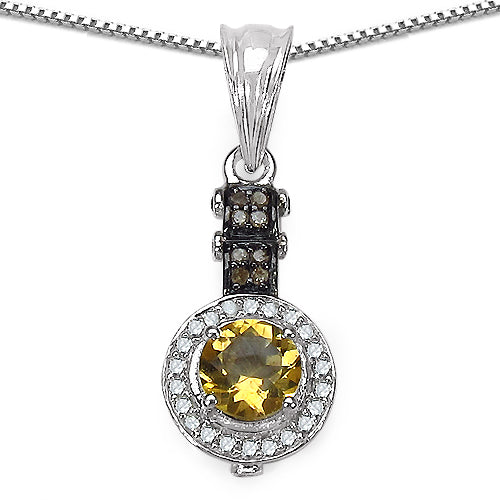 Elegant white gold pendant with a round-cut citrine gemstone surrounded by a halo of champagne and white diamonds, suspended from a delicate chain. The pendant showcases the natural beauty and brilliance of the citrine, complemented by the sparkling diamond accents, creating a sophisticated and eye-catching accessory.