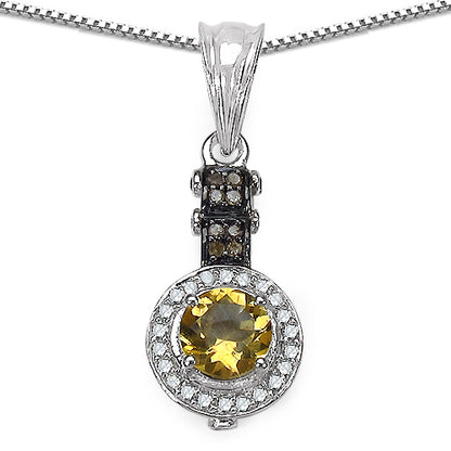 Elegant white gold pendant with a round-cut citrine gemstone surrounded by a halo of champagne and white diamonds, suspended from a delicate chain. The pendant showcases the natural beauty and brilliance of the citrine, complemented by the sparkling diamond accents, creating a sophisticated and eye-catching accessory.