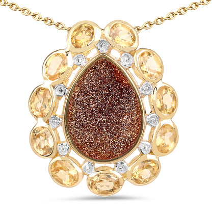 Elegant 14K Gold Plated Pendant with Genuine Red Druzy and Citrine Gems