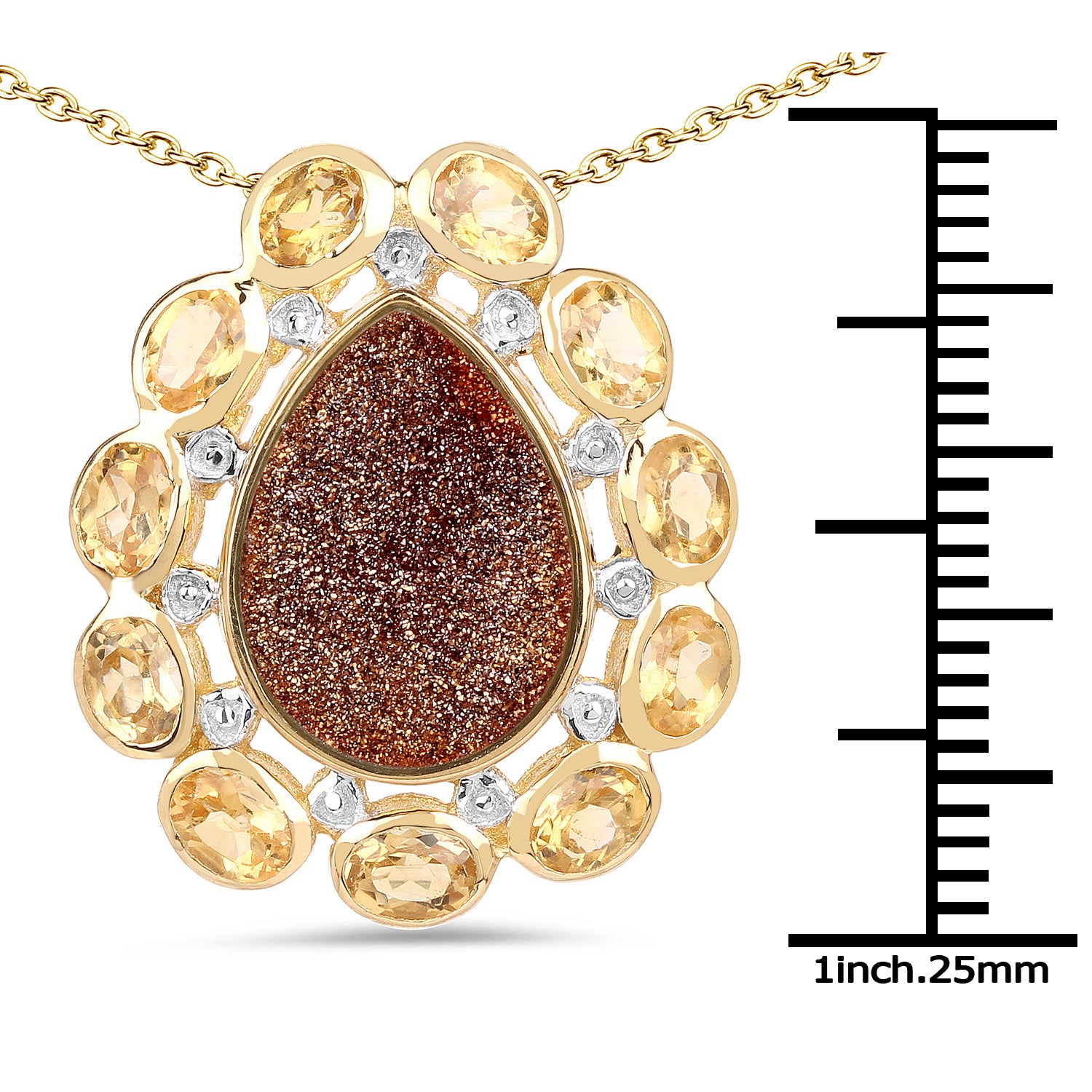 Elegant 14K yellow gold plated pendant with a large teardrop-shaped genuine red druzy gemstone surrounded by sparkling citrine and diamond accents. The pendant is showcased on a delicate chain, making it a stunning statement piece for any occasion.