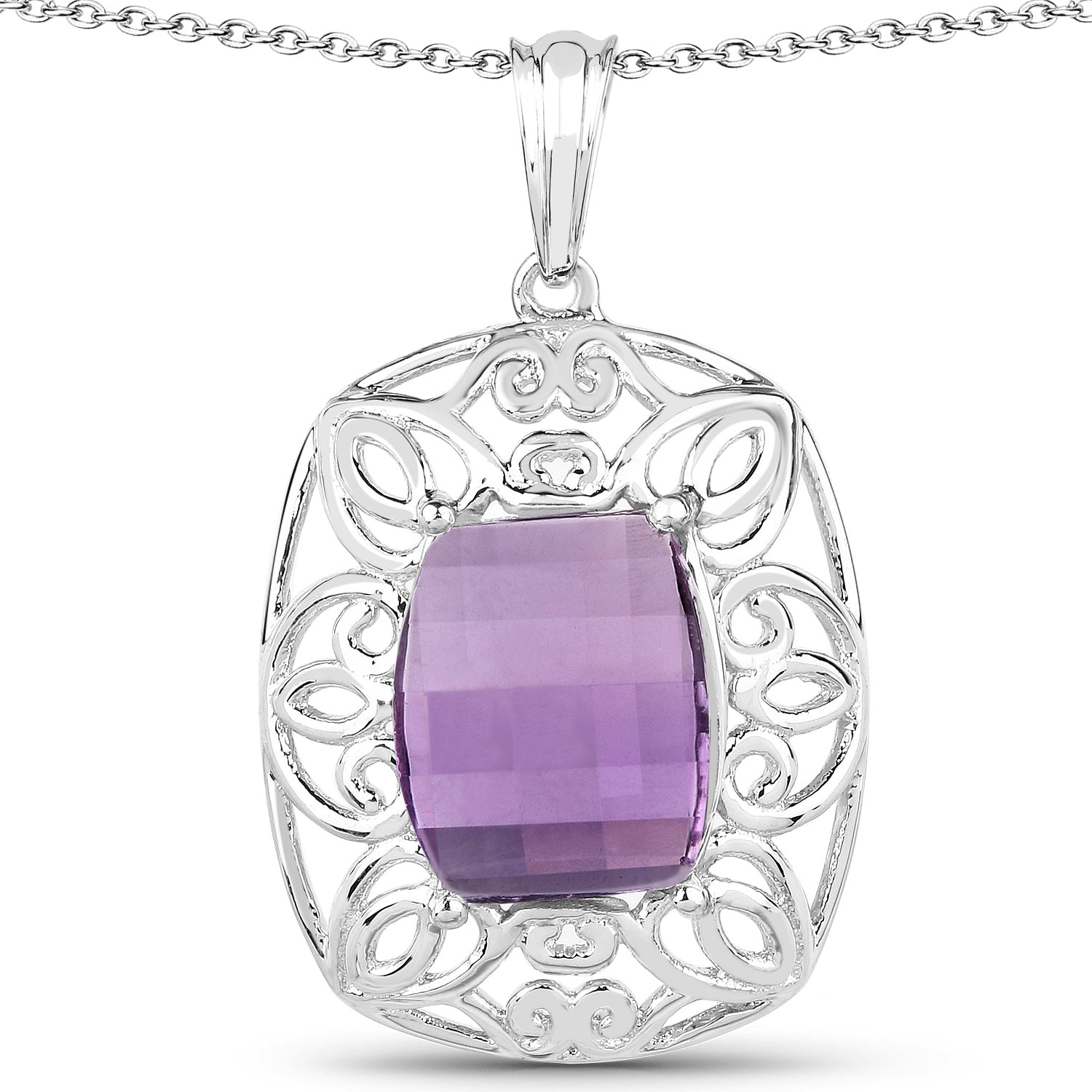 Elegant 7.30 Carat Genuine Amethyst Pendant in .925 Sterling Silver Filigree Setting