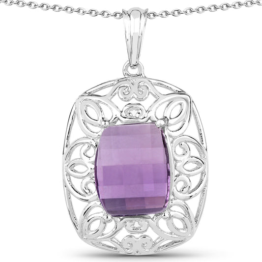 Elegant 7.30 Carat Genuine Amethyst Pendant in .925 Sterling Silver Filigree Setting