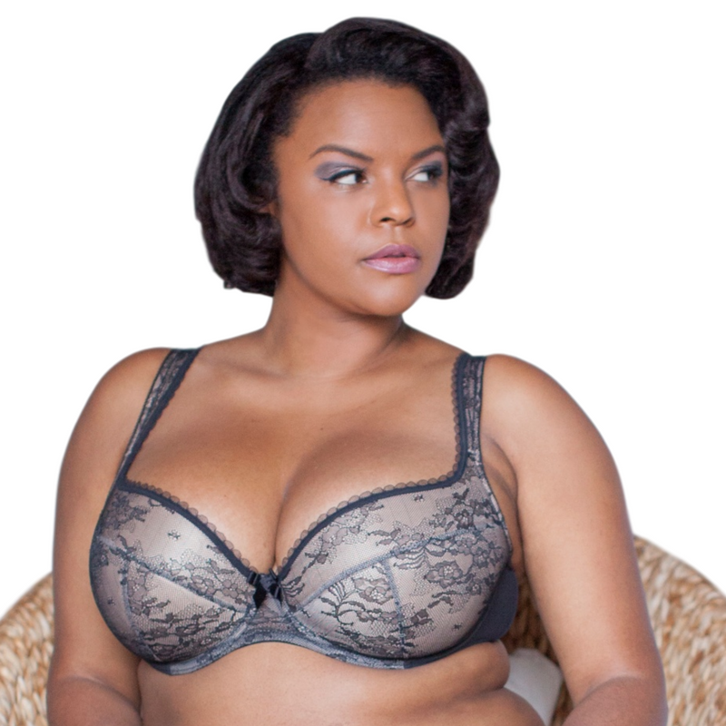 Elegant lace brassiere with push-up design, showcasing a stylish model's alluring look.