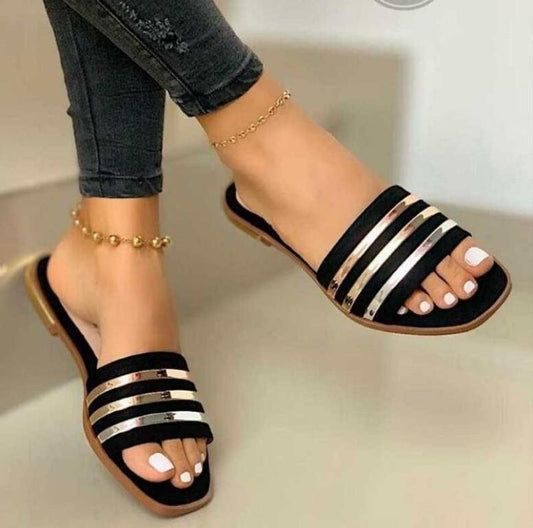 Chic Women's Slip-On Sandals with Metallic Straps