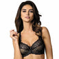 Elegant lace-trimmed padded bra by Lime Lucy, featuring a captivating semi-sheer design in a striking black colorway.