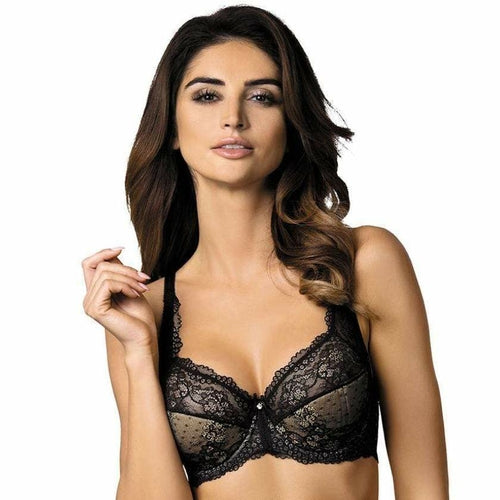 Semi Sheer Lace Padded Bra by Gorteks Scarlet in Black - Alluring lingerie with delicate lace details, providing comfort and support.