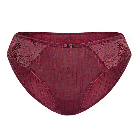 Burgundy lacy women's bikini panty by Lime Lucy, a sensual undergarment featuring intricate floral lace details and a comfortable, stretchy fit.