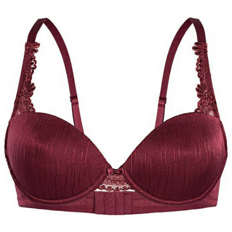 Burgundy lace-trimmed padded plunge bra with structured cups and adjustable straps.