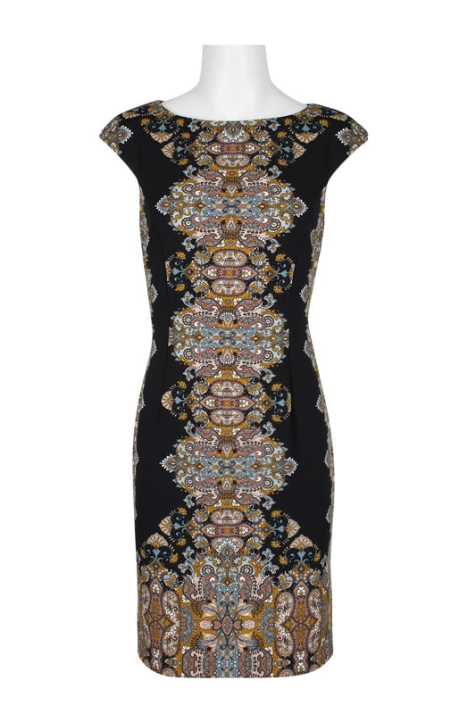 Elegant black bodycon dress with a vibrant, intricate multi-print pattern featuring floral and geometric designs. Form-fitting silhouette with a boat neckline and cap sleeves for a sophisticated, modern look.