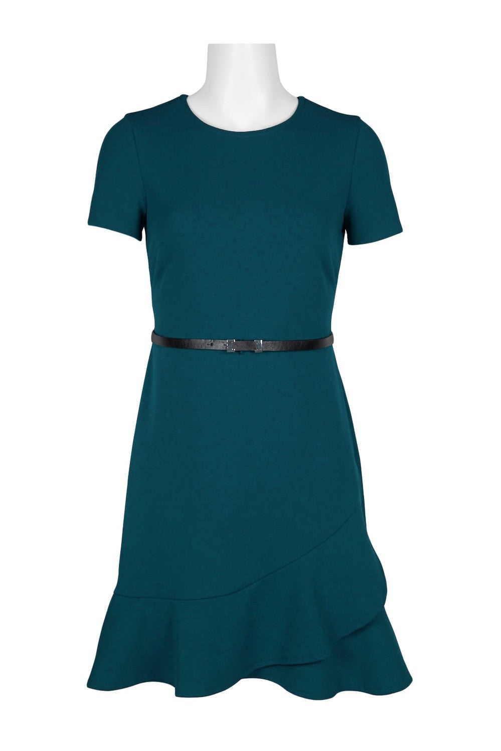 Elegant teal green crew neck mini dress with short sleeves, belted waist, and flared hemline, displayed on a mannequin.