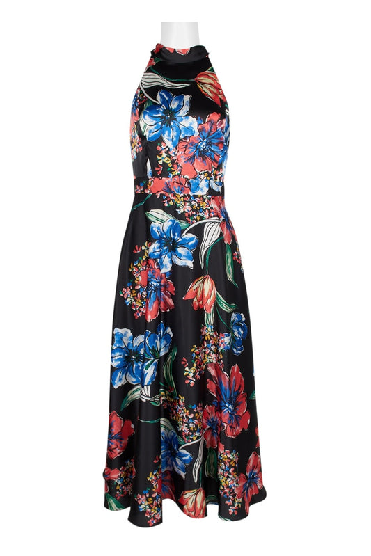 Vibrant floral print satin dress with halter neck and tie back detail, showcasing a stunning mix of bold blues, reds, and greens on a black background.