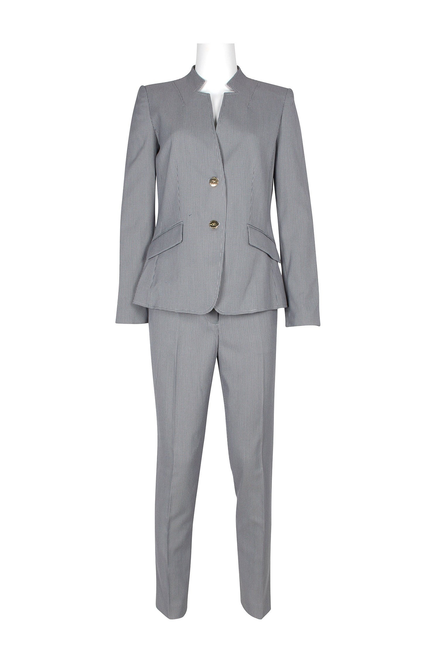 Elegant grey pinstripe pant suit featuring a high-neck jacket with two buttons and long sleeves, paired with matching straight-leg trousers.