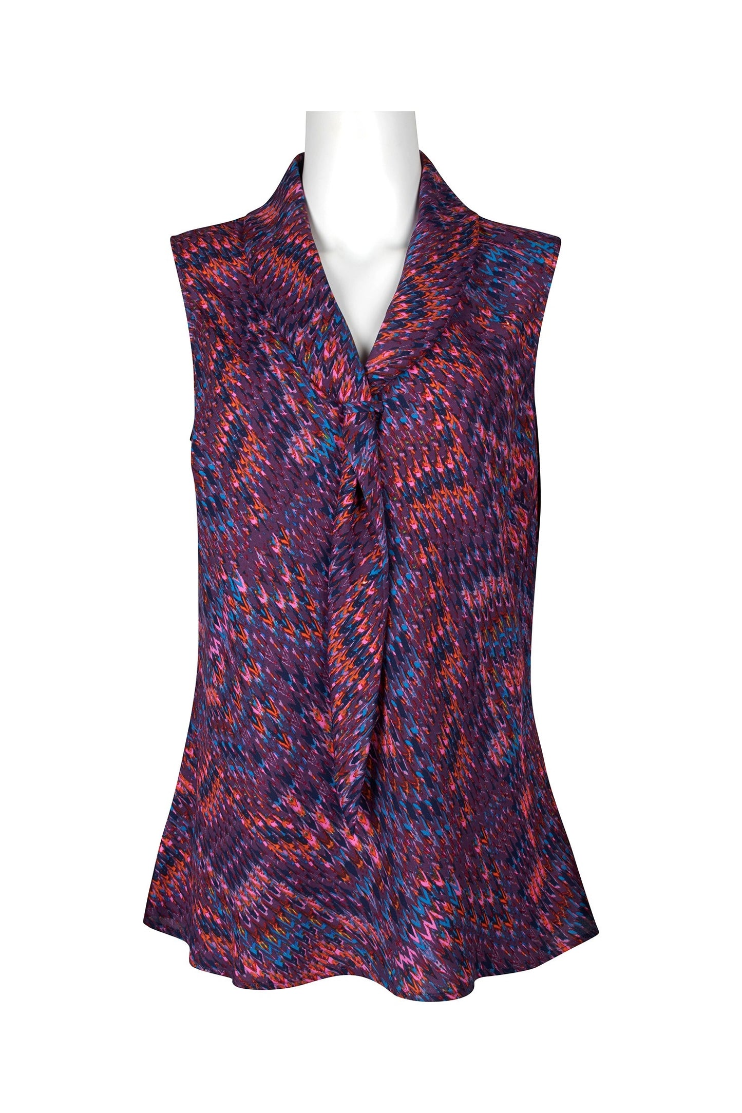 Vibrant abstract print sleeveless polyester top with lapel collar and button closure, showcased on a neutral display.