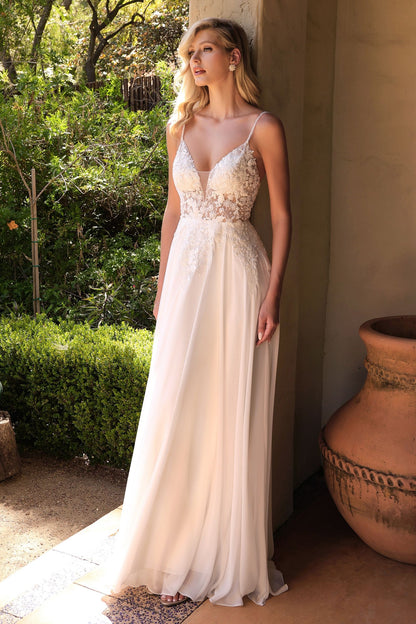 A-Line Chiffon Embroidered Lace Bodice Long Wedding Dress CDTY11