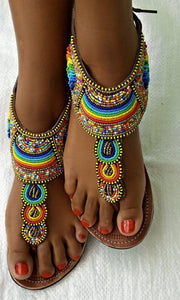 African Maasai Sandals, Beaded Summer Flipflops