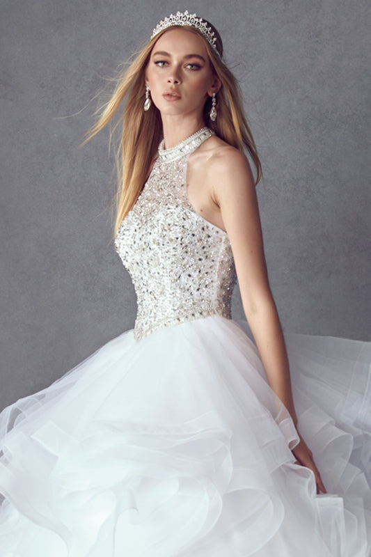 Crystal Beading On A Flounced Tulle Long Quinceanera Dress JT1420-9