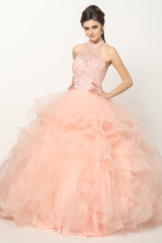 Crystal Beading On A Flounced Tulle Long Quinceanera Dress JT1420-0