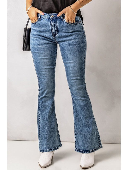 Vintage Wash Flare Jeans with Pockets Denim Jeans LoveAdora
