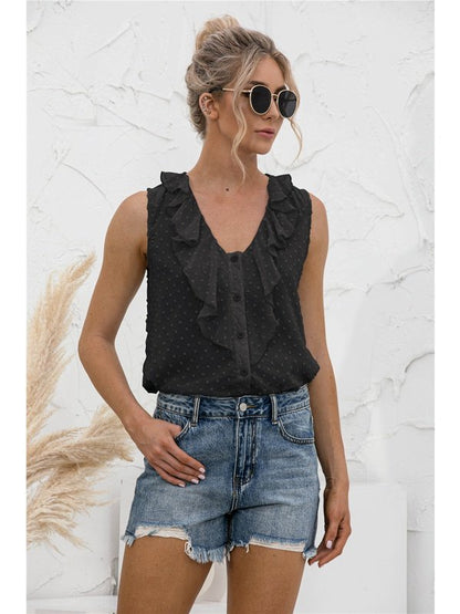 Sleeveless Ruffle Trim Blouse Tops LoveAdora