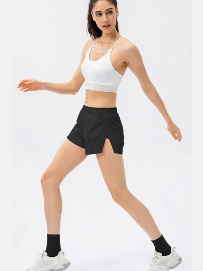 Elastic Waist Slit Faux Layered Sports Shorts Activewear LoveAdora