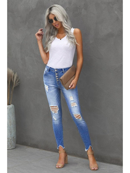 Button Front Frayed Ankle Skinny Jeans Denim Jeans LoveAdora