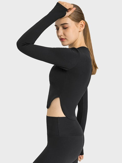 Side Slit Long Sleeve Round Neck Crop Top Activewear LoveAdora