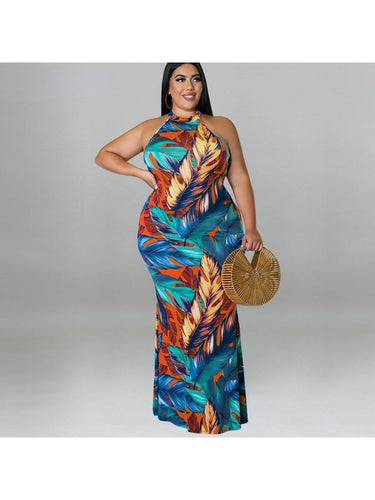 Plus Size Women Double Wear Leaf Print Sleeveless Mermaid Bodycon Maxi Dresses LoveAdora