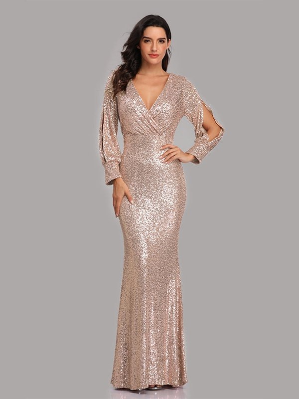 Sequin Puff Sleeve Plunge Fishtail Dress Evening Gown LoveAdora