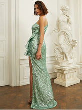 Load image into Gallery viewer, Sequin Ruffled One-Sleeve Split Formal Dress Evening Gown LoveAdora