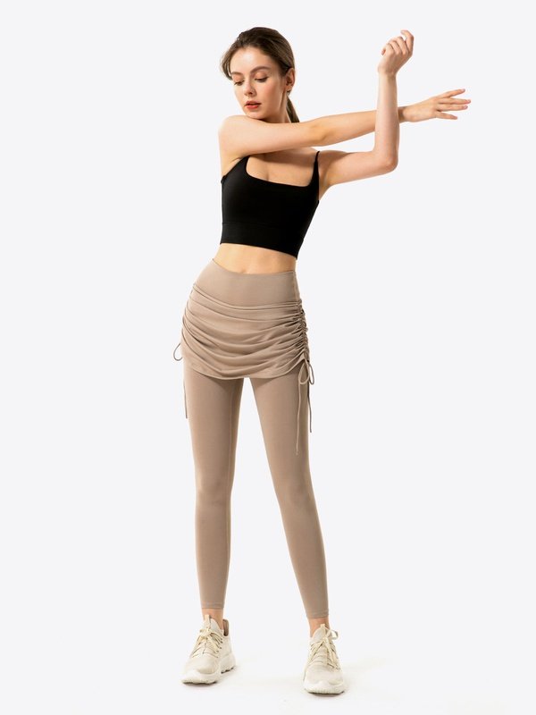 Drawstring Ruched Faux Layered Yoga Leggings Activewear LoveAdora